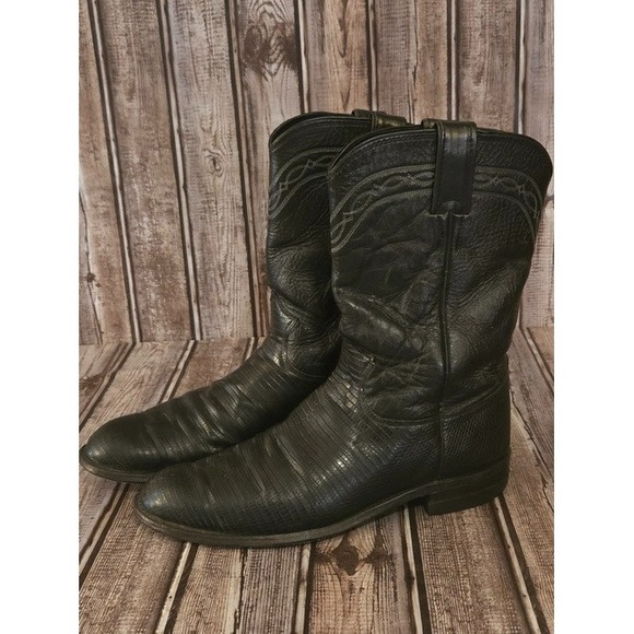 Sz 7.5 C Men's Justin Black Exotic Teju Lizard Roper Western Cowboy Boots 3114